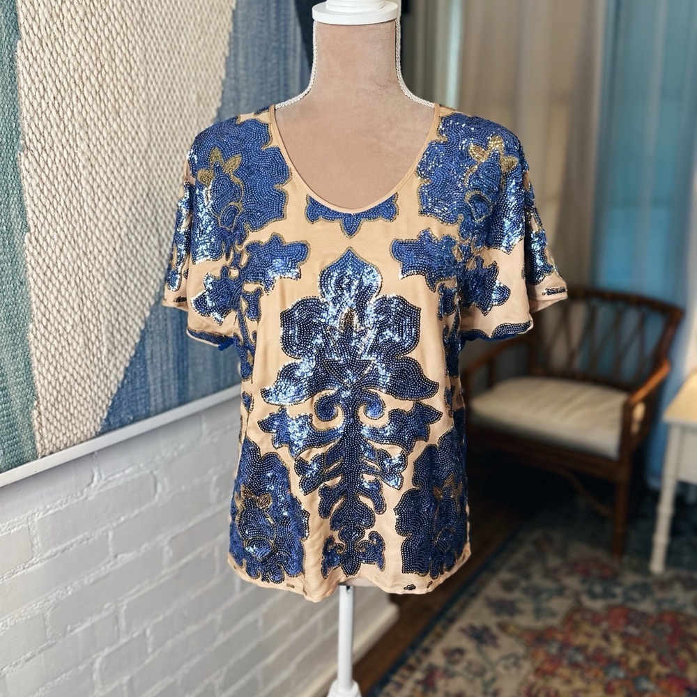 Target x Neiman Marcus Tracy Reed Blue Floral Sequin Blouse